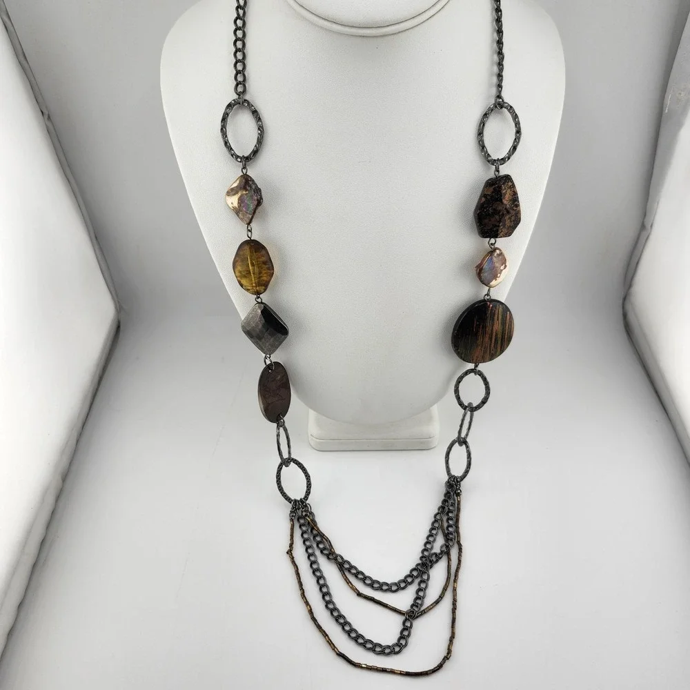 Long Gun Metal Bead Shell‎ Layered Necklace
